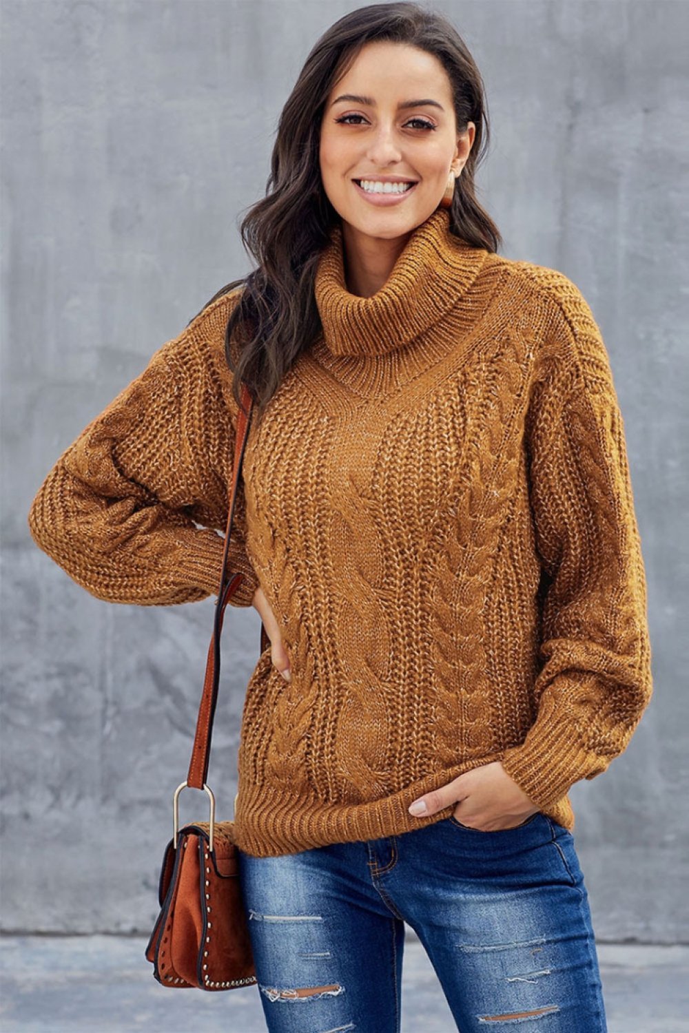 Grober Zopfmuster Rollkragenpullover für Damen 0