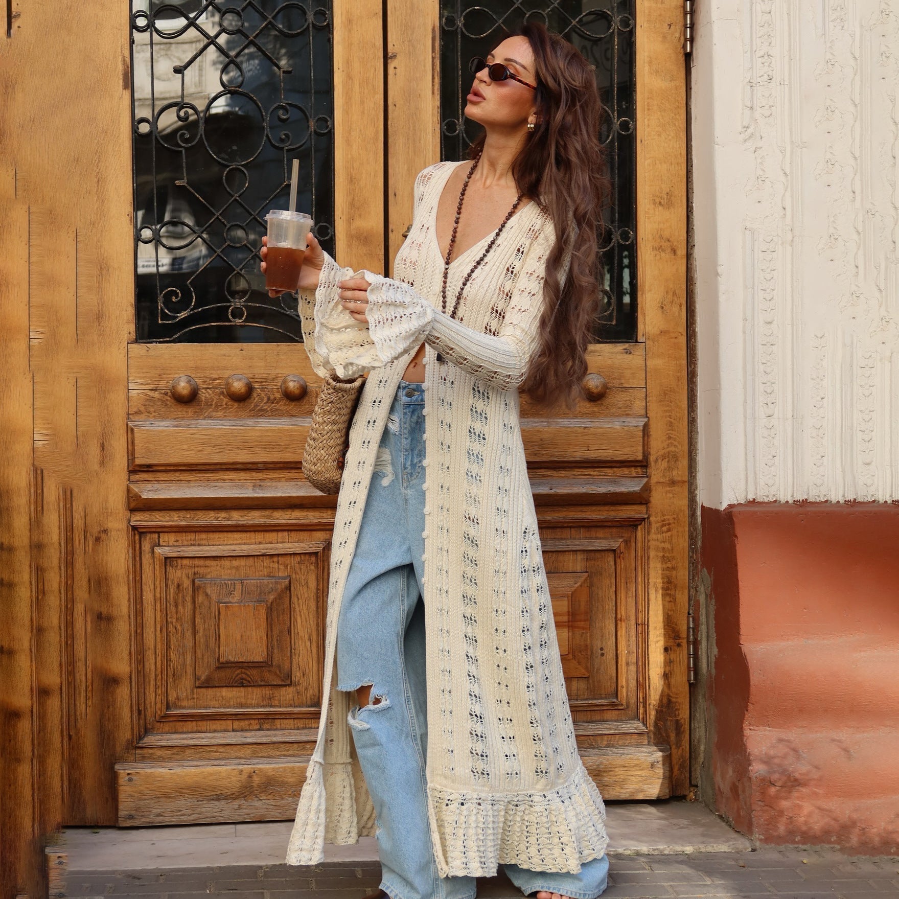 Lange Strickjacke Damen im Boho-Stil mit Ausgestellten Ärmeln 0