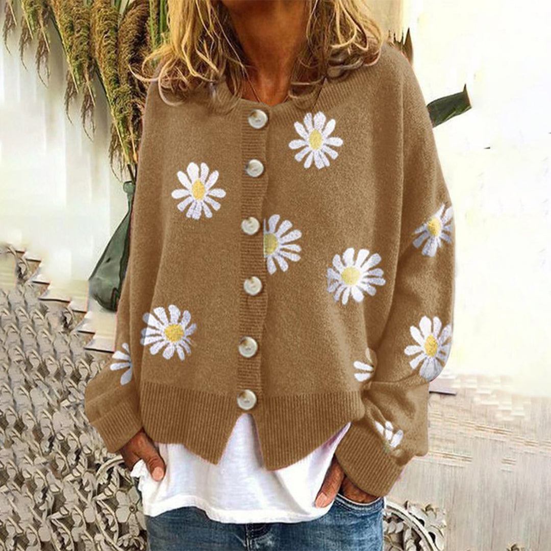 Lange Strickjacke Damen mit Floraldruck und Knopfverschluss 0