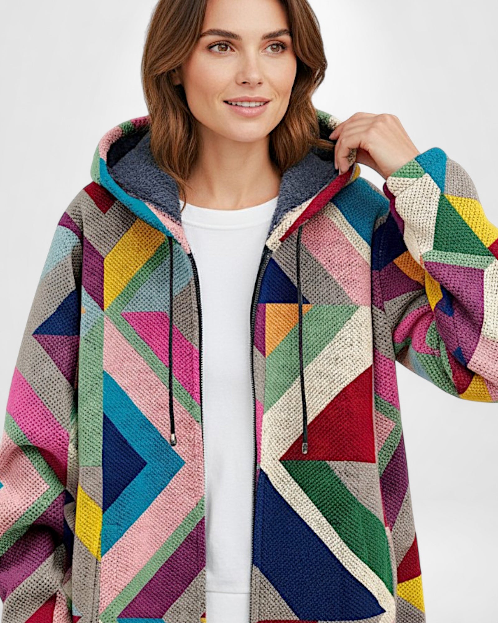 Frau trägt einen bunten Colorblock-Mantel mit geometrischem Design