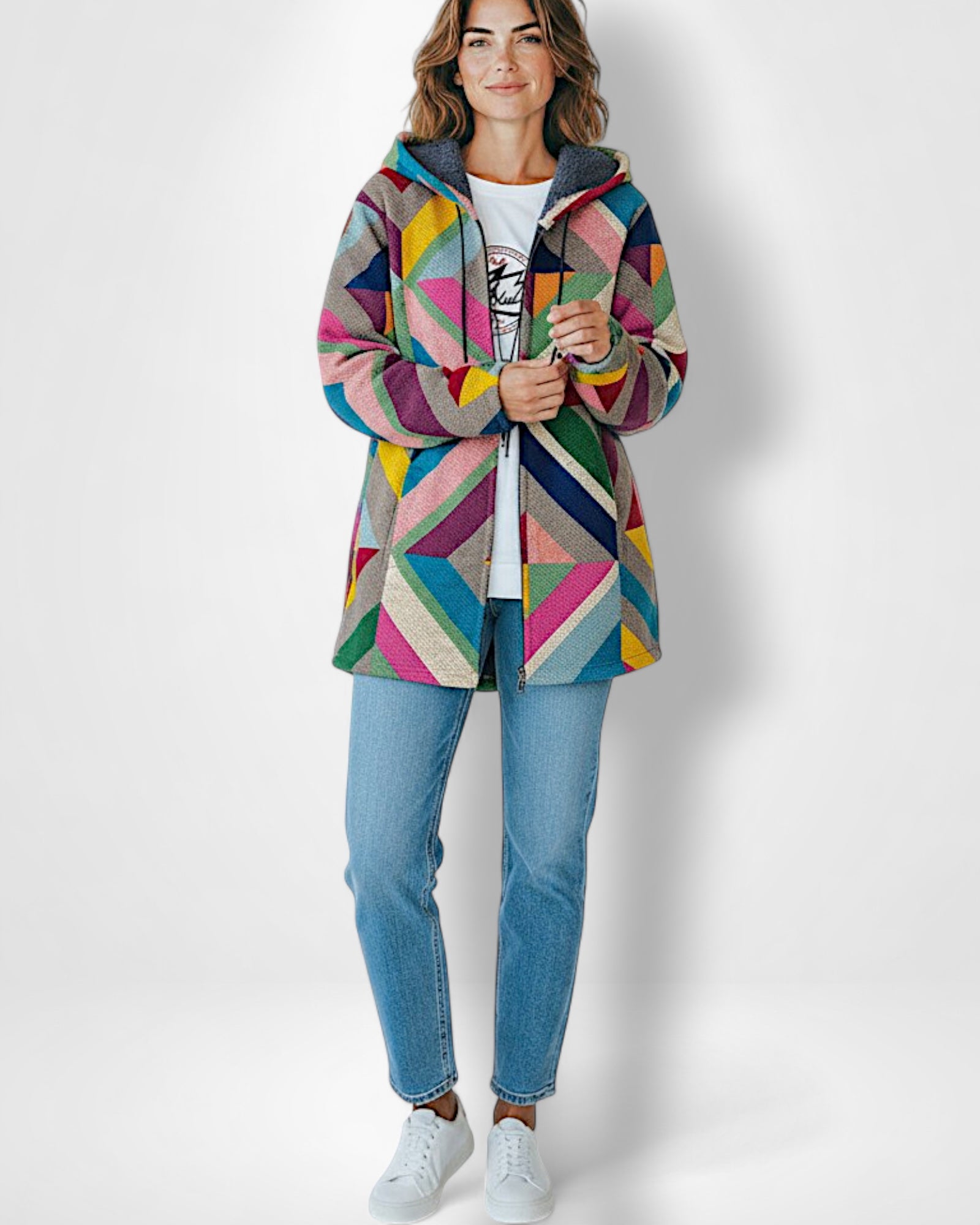 Frau trägt eine farbenfrohe Jacke mit geometrischem Muster vor weißem Hintergrund
