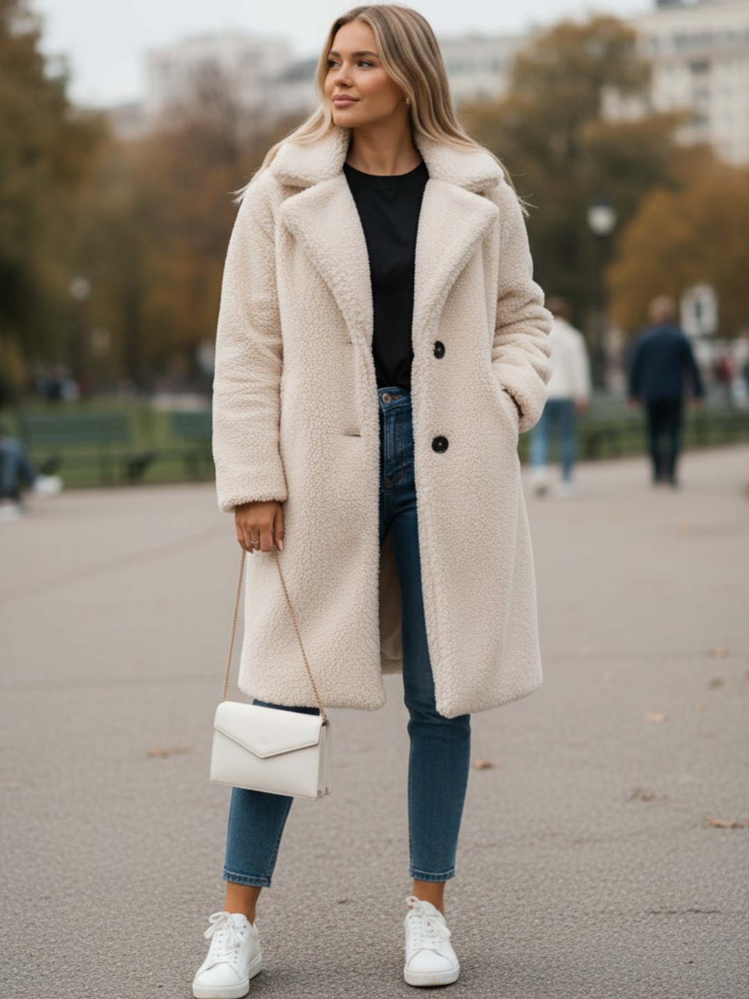 Frau trägt einen Teddy-Mantel in städtischer Umgebung