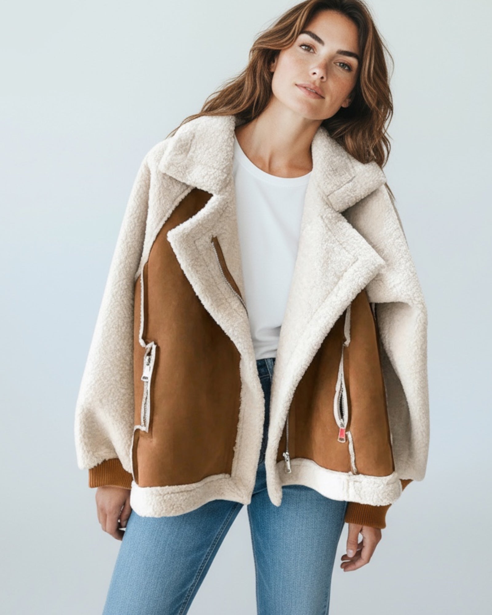 Frau trägt einen Schaffellmantel vor hellgrauem Hintergrund