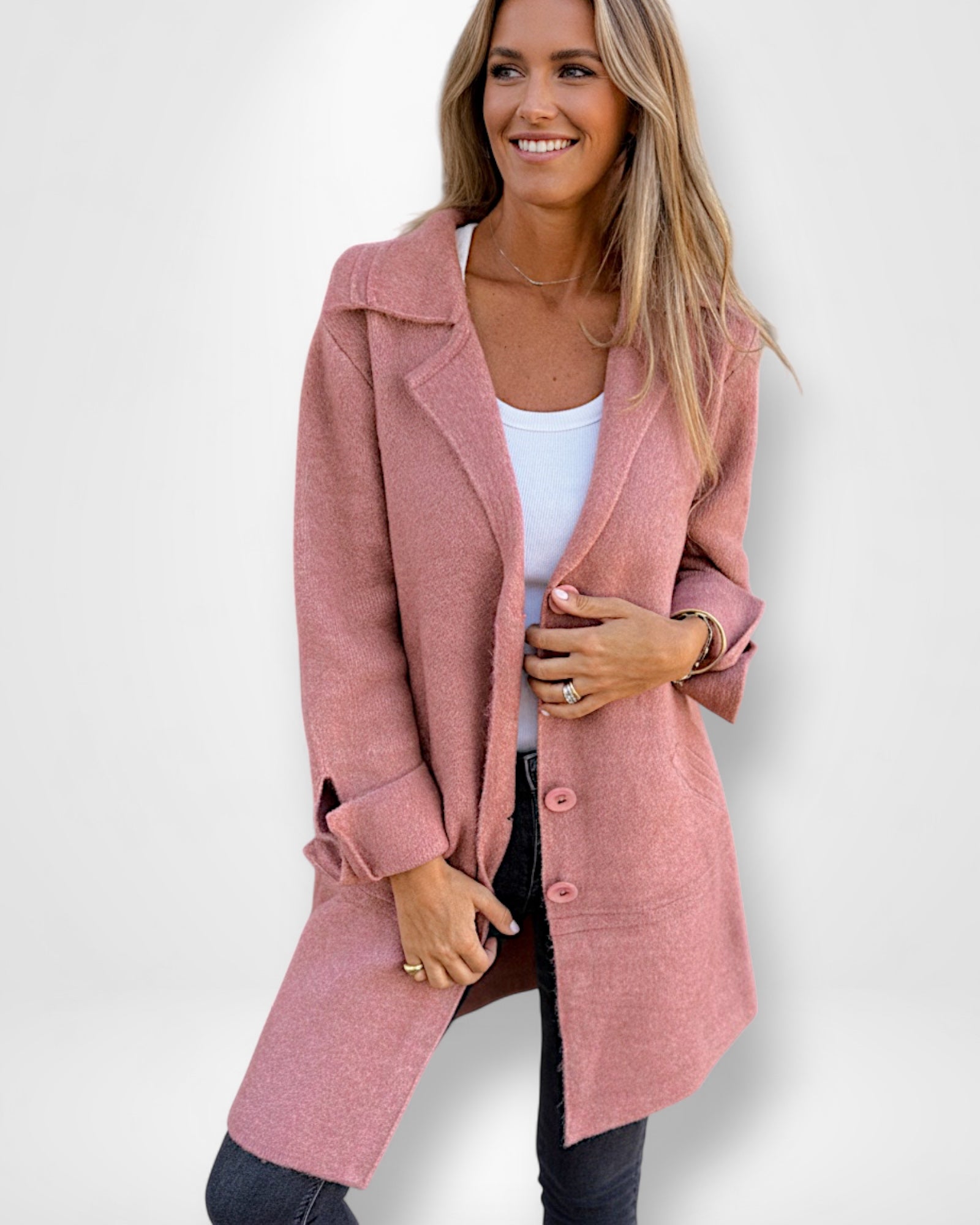 Knielanger Strickmantel mit Knopfverschluss für Damen