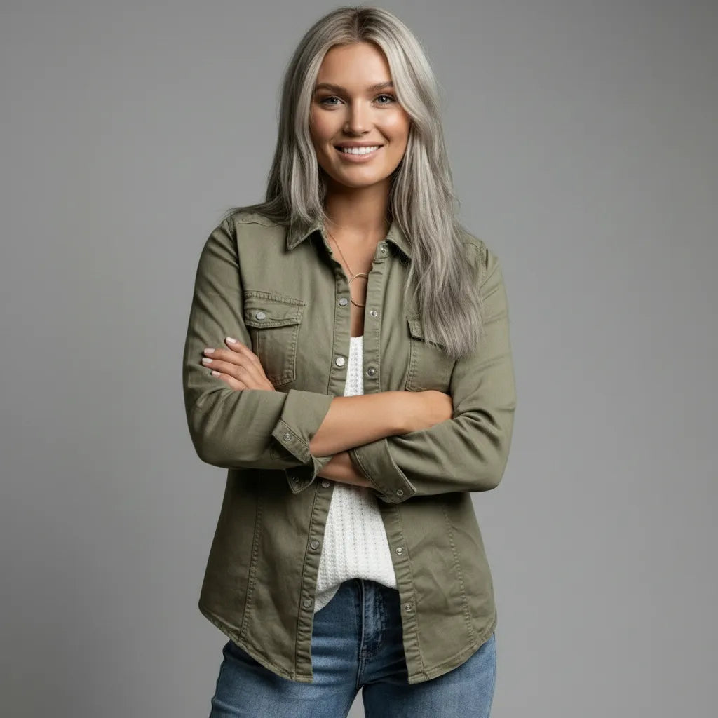 Damen Hemdjacke im klassischen Design mit Brusttaschen