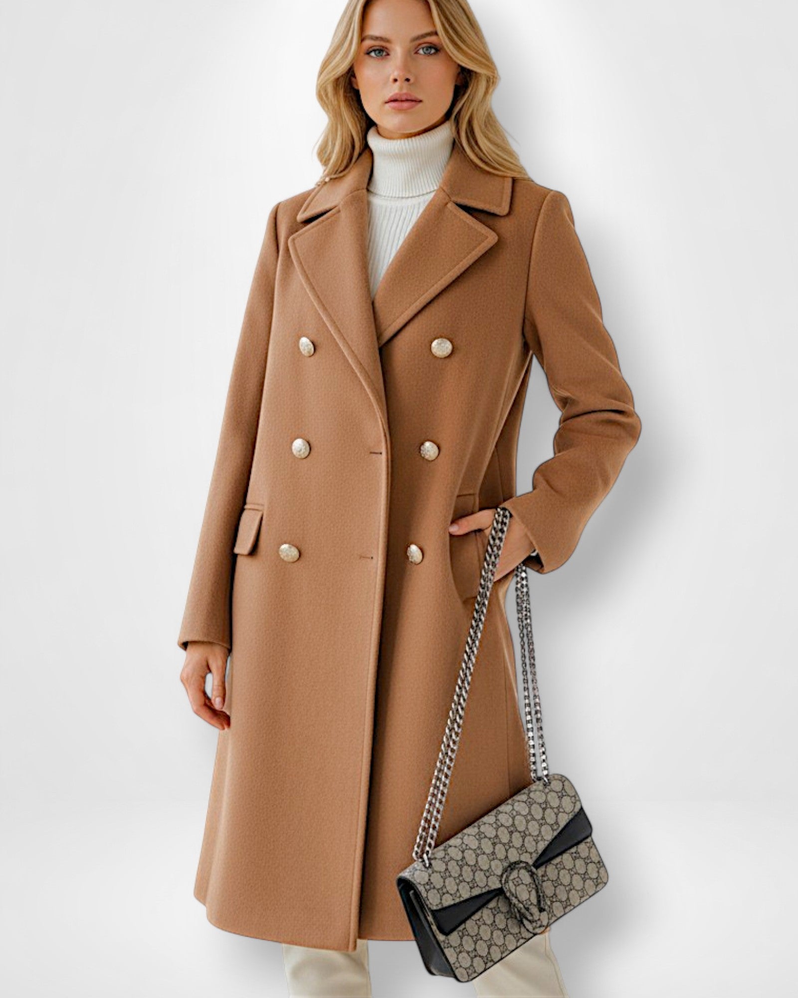 Langer Damenmantel mit goldenen Knopfdetails