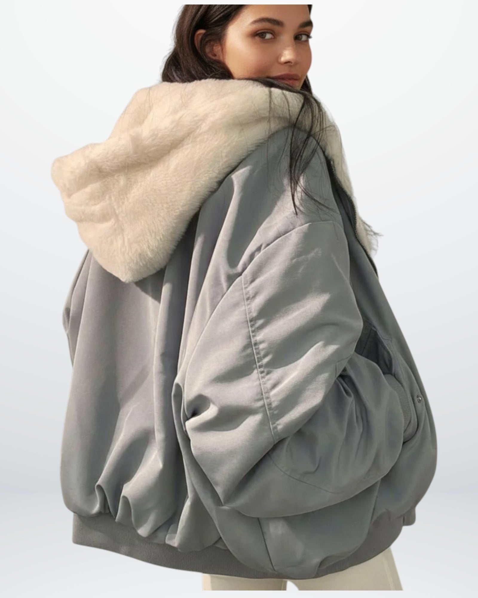 Oversized Winterjacke für Damen mit weicher Kapuze aus Kunstpelz im Bomber-Stil
