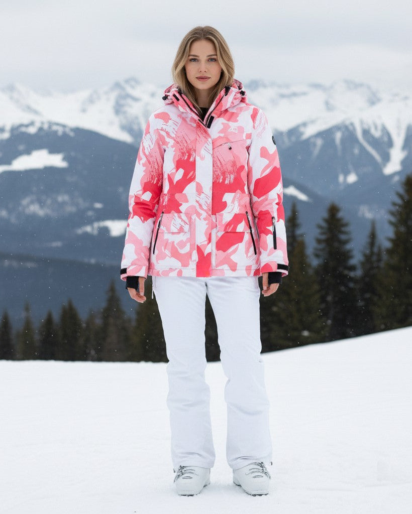 Skianzug für Damen mit rosa Camouflage-Jacke und einfarbiger Hose