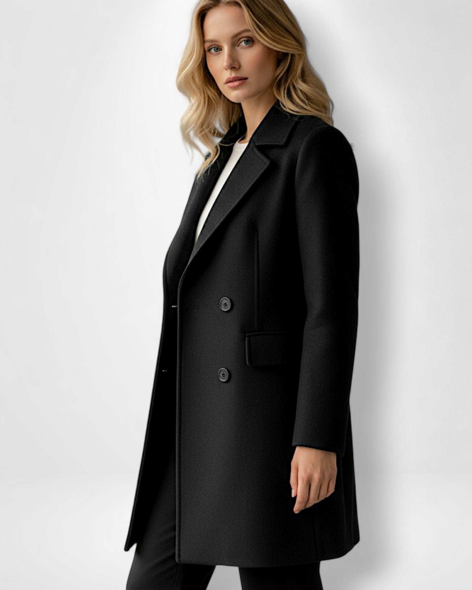 Knielanger Mantel für Damen mit Reverskragen und vier schwarzen Knöpfen