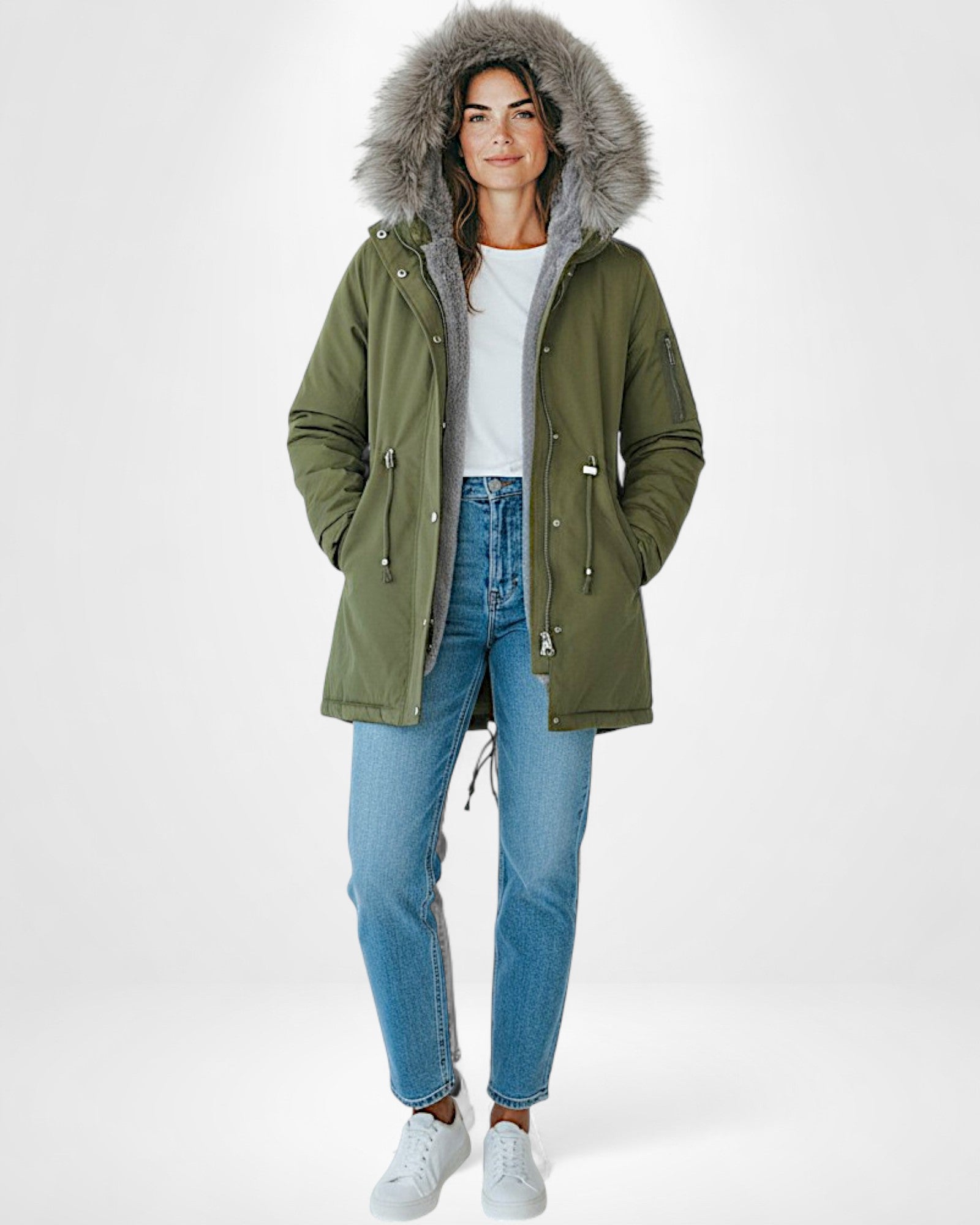 Winter Parka Jacke für Damen mit flauschiger Kapuze und Plüsch Innenfutter