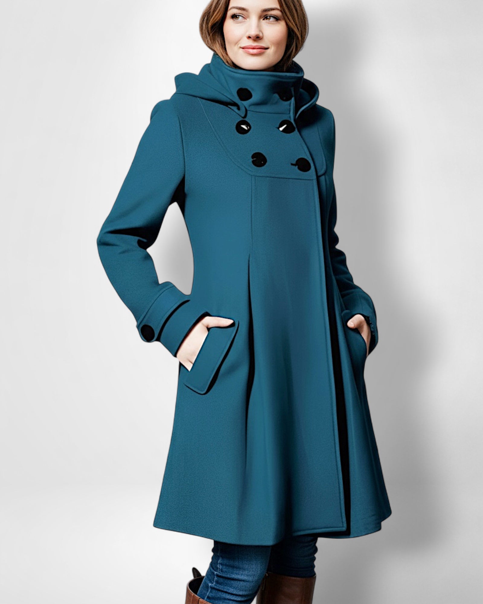 Frau trägt einen petrolblauen Jacke vor weißem Hintergrund