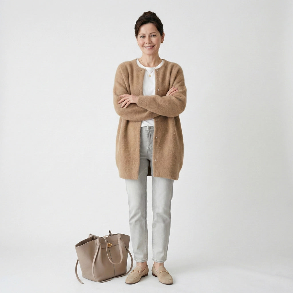 Langer Cardigan für Damen ohne Kragen im Relaxed Fit