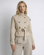 Kurzjacke für Damen im Trenchcoat-Stil mit Taillengürtel und hohem Kragen