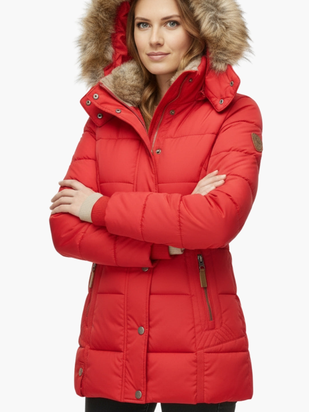 Frau trägt eine rote Winterjacke mit Fellkapuze vor weißem Hintergrund