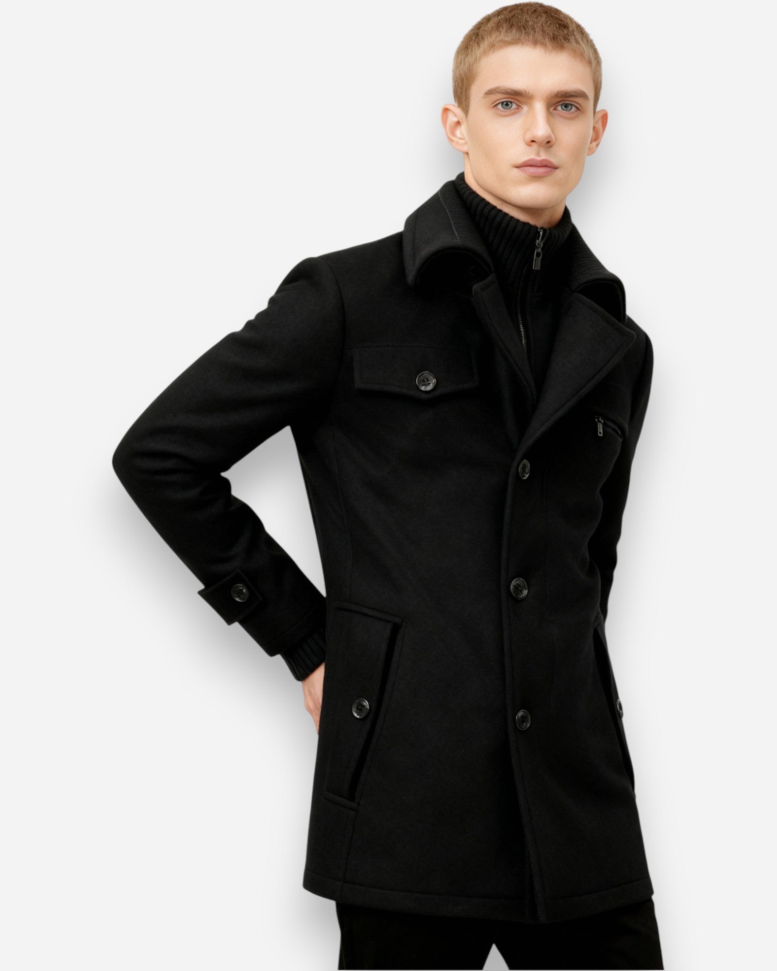 Gefütterte City-Winterjacke für Herren im Mantel-Look mit hohem Reißverschlusskragen