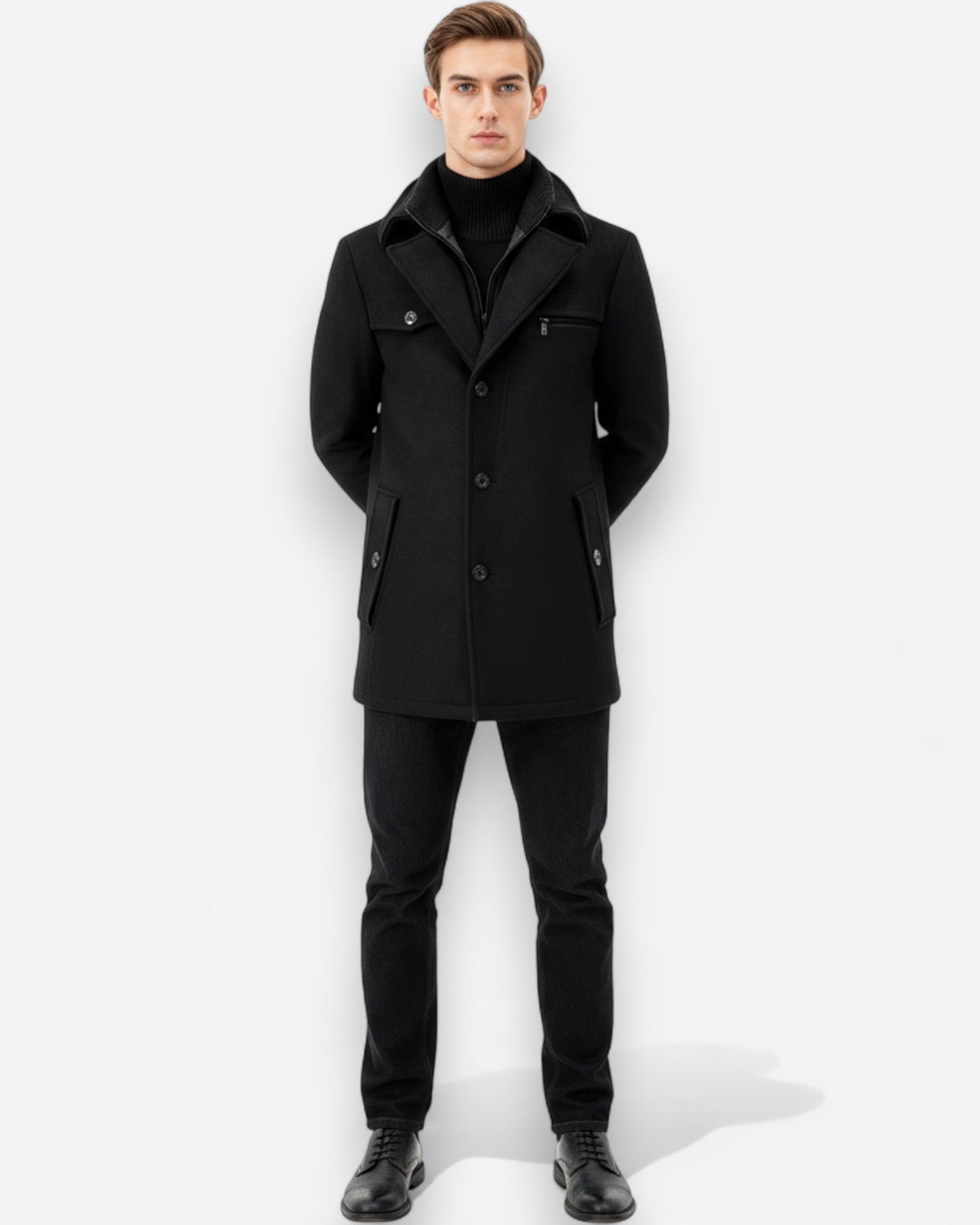 Gefütterte City-Winterjacke für Herren im Mantel-Look mit hohem Reißverschlusskragen