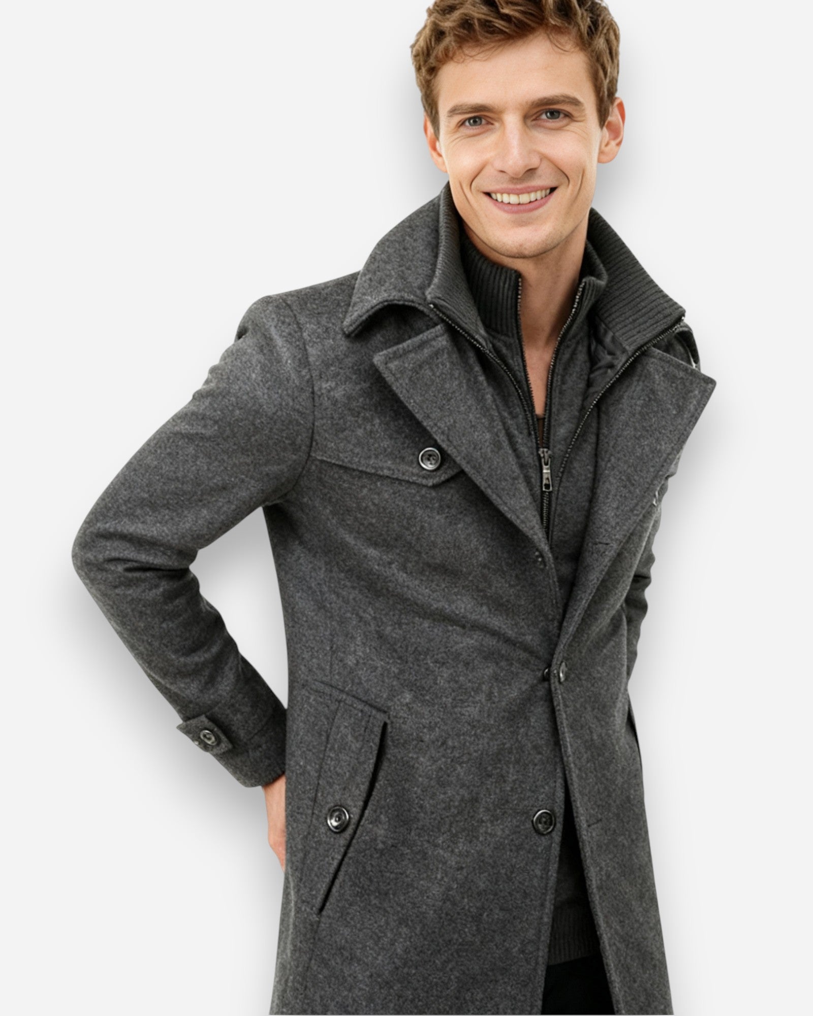 Gefütterte City-Winterjacke für Herren im Mantel-Look mit hohem Reißverschlusskragen