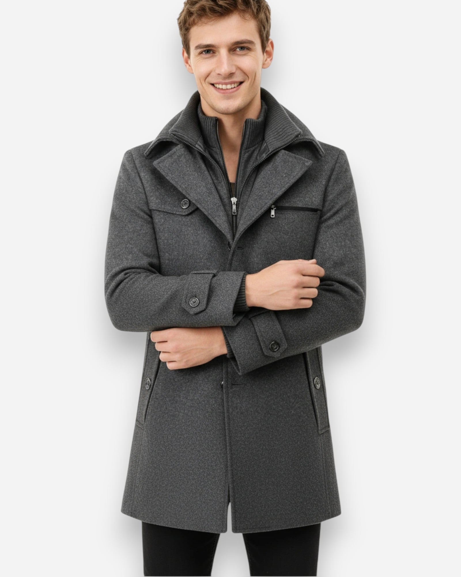 Gefütterte City-Winterjacke für Herren im Mantel-Look mit hohem Reißverschlusskragen
