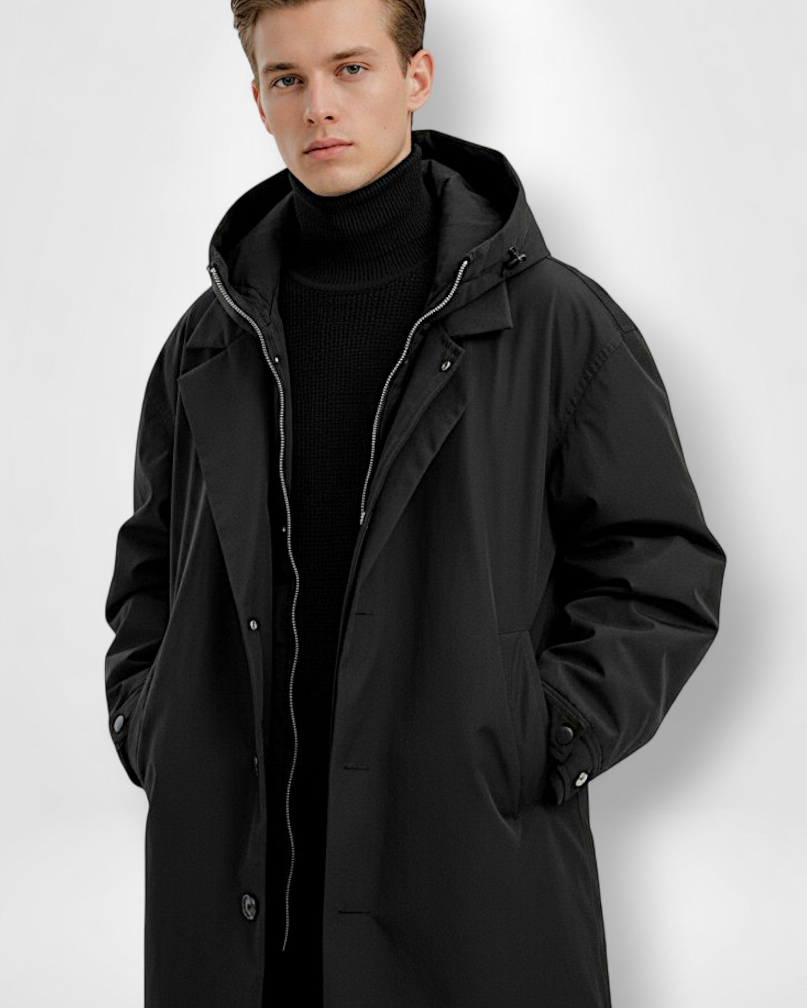 Langer wasserdichter Mantel mit Kapuze für Herren im Business-Look