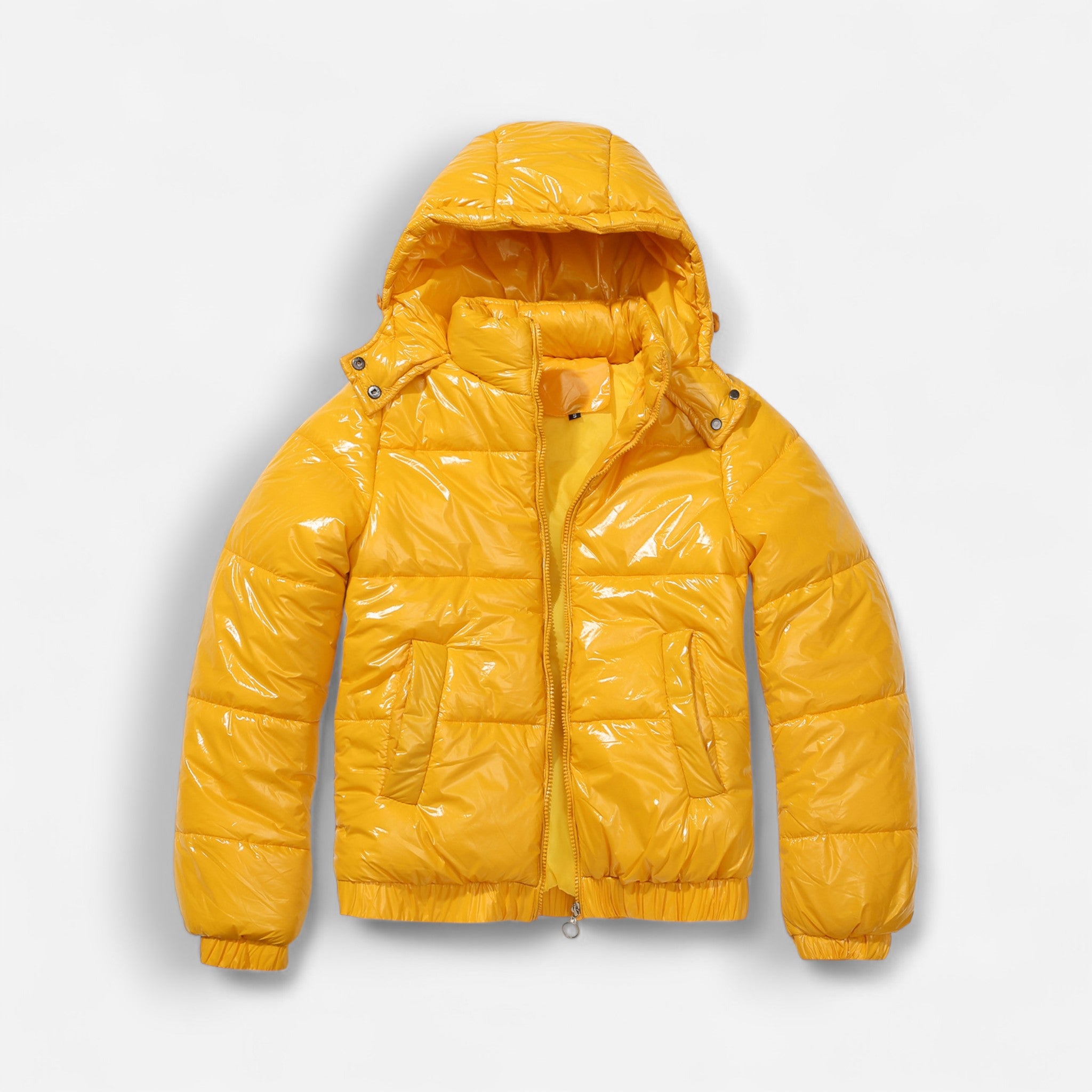 Glänzende Winterjacke für Damen mit hoch schließender Kapuze