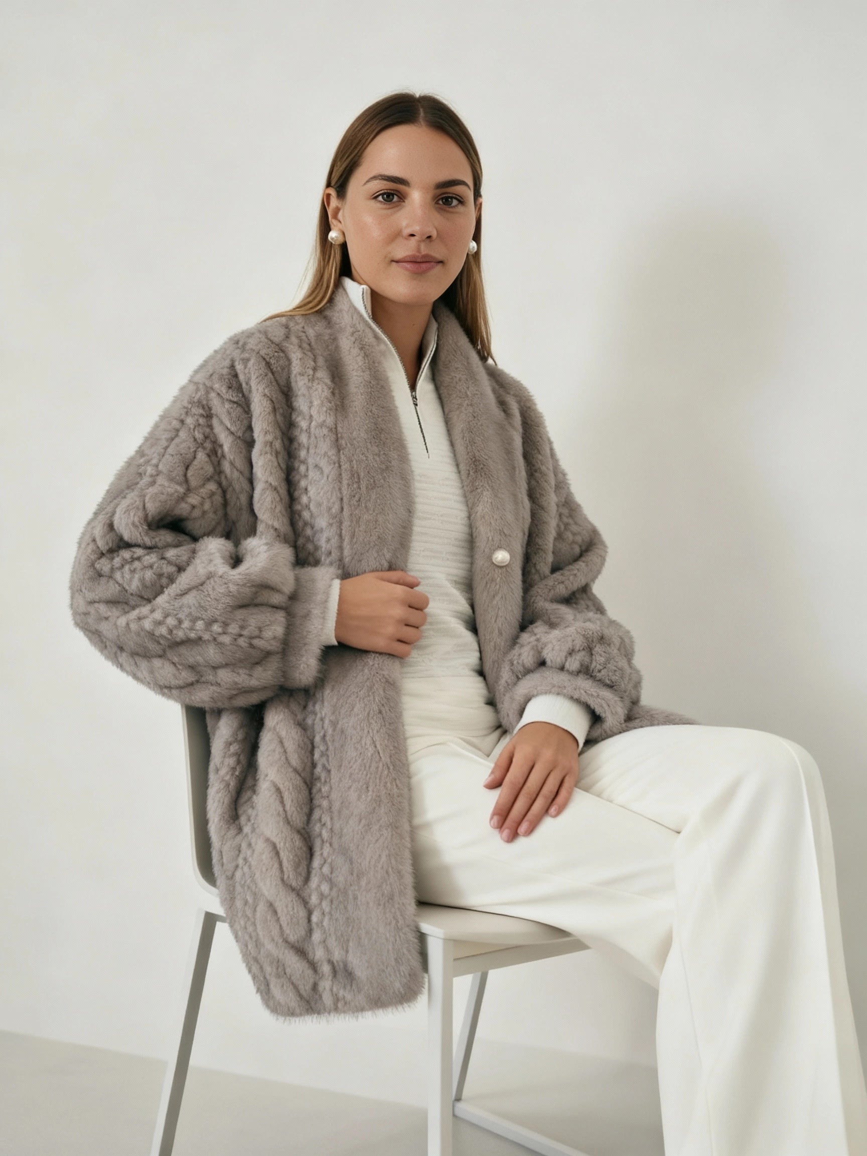 Frau trägt eine graue Plüschjacke über einem weißen Oberteil und einer Hose und sitzt auf einem Stuhl vor einfarbigem Hintergrund