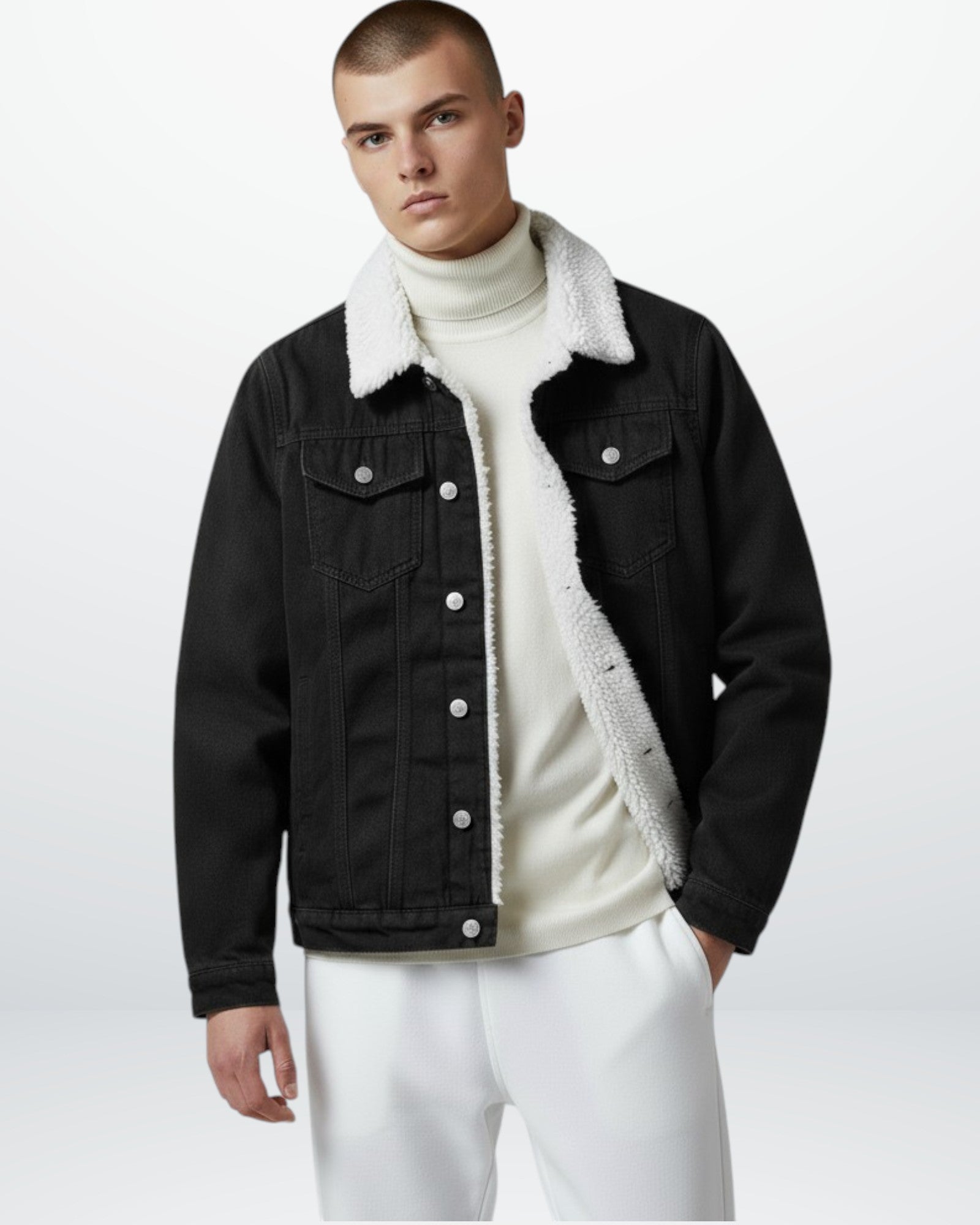 Gefütterte Jeansjacke für Herren mit flauschigem Hemdkragen