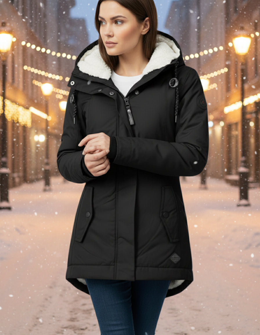 Frau trägt eine warme Winterjacke mit Kapuze und weichem Futter in Schwarz in winterlicher Stadtumgebung bei gemütlicher Atmosphäre