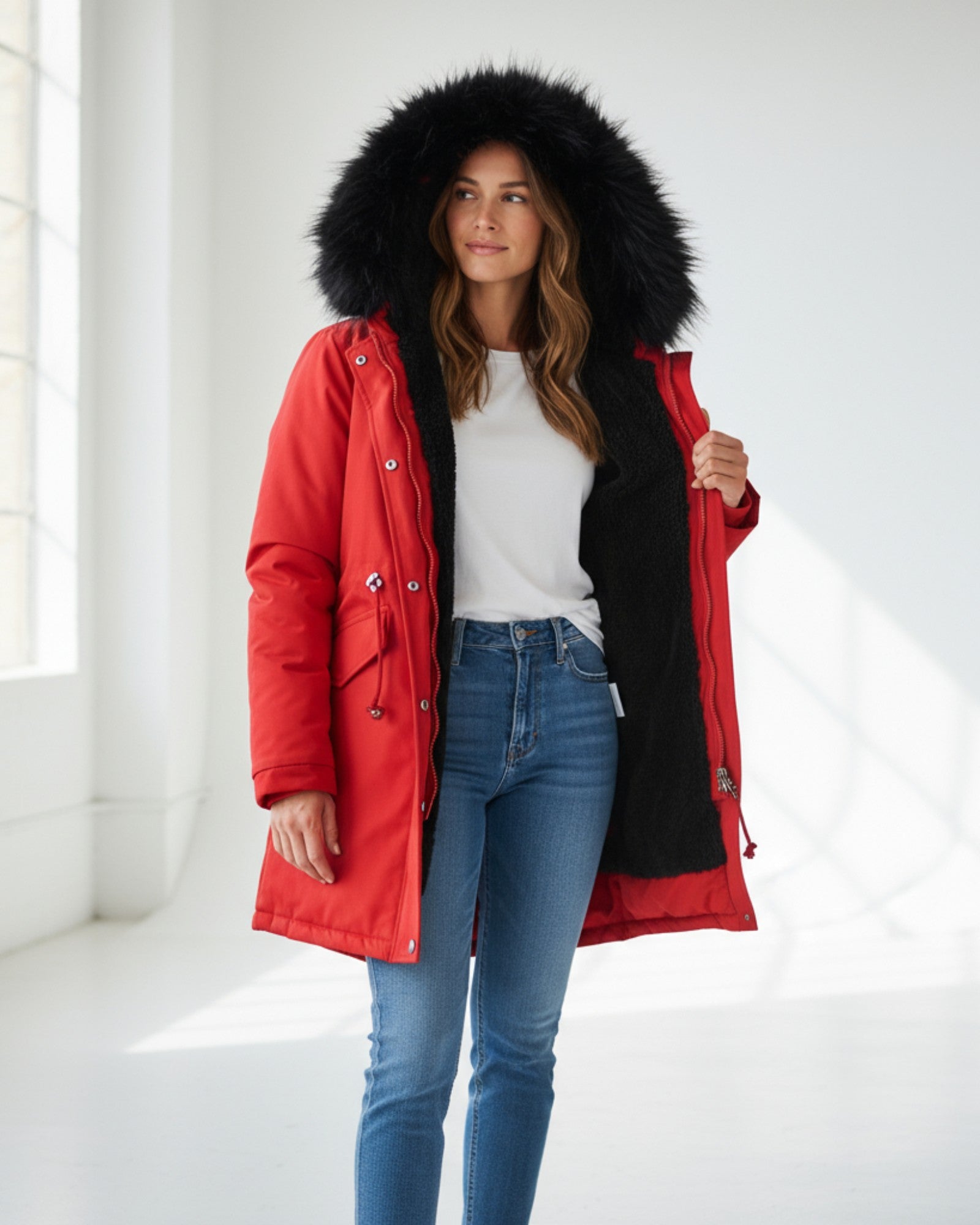 Winter Parka Jacke für Damen mit flauschiger Kapuze und Plüsch Innenfutter