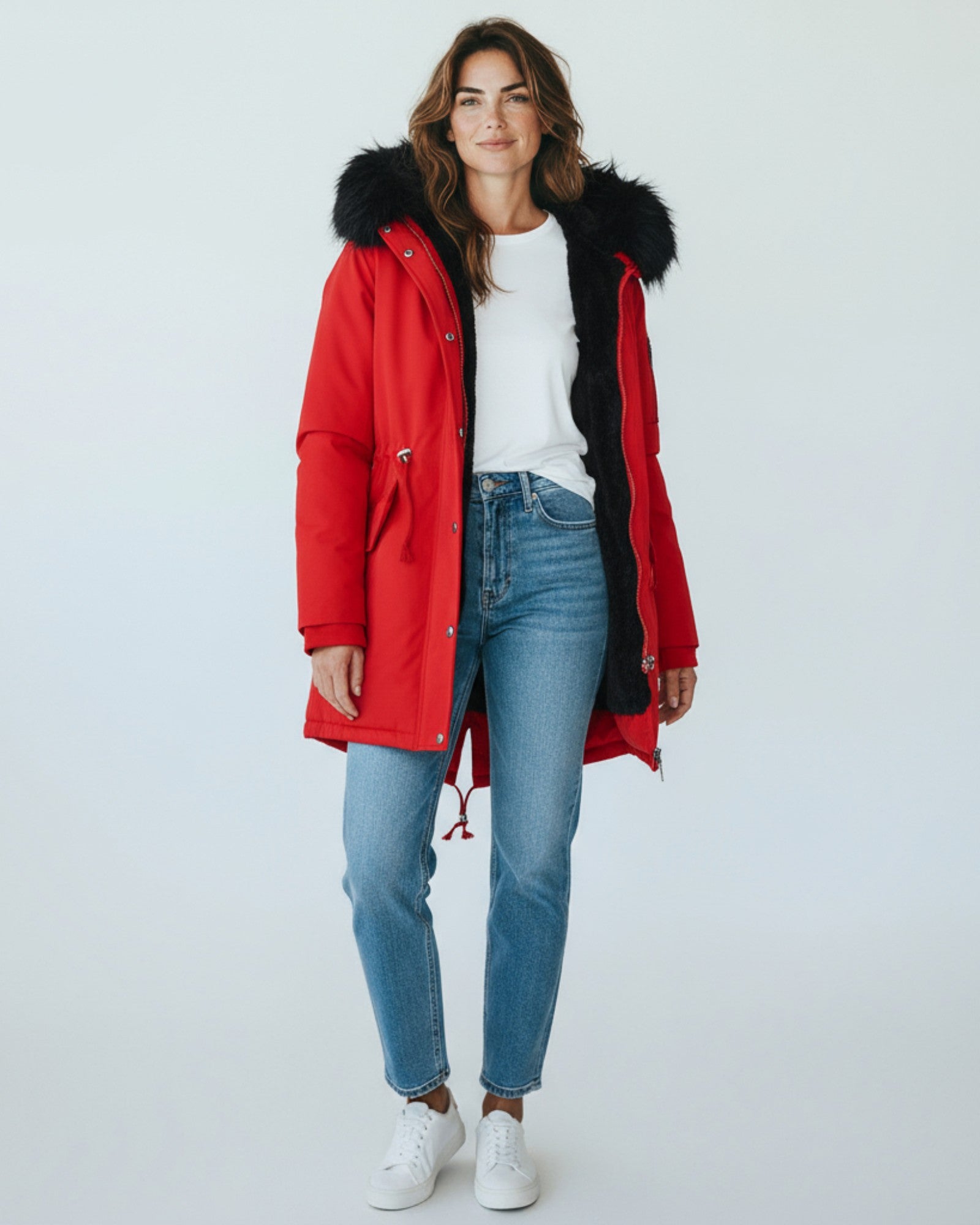 Winter Parka Jacke für Damen mit flauschiger Kapuze und Plüsch Innenfutter