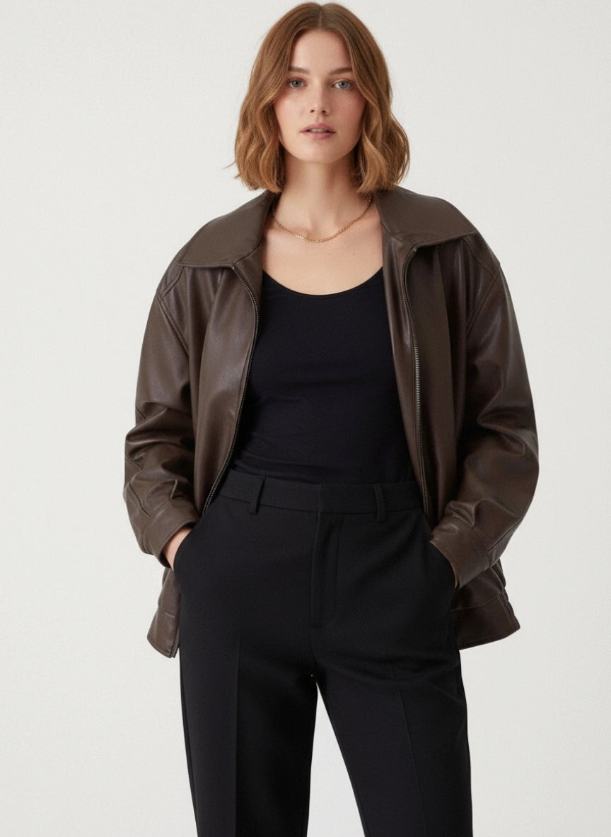 Moderne Oversized Jacke für Damen mit breitem Blazerkragen und elastischem Saum