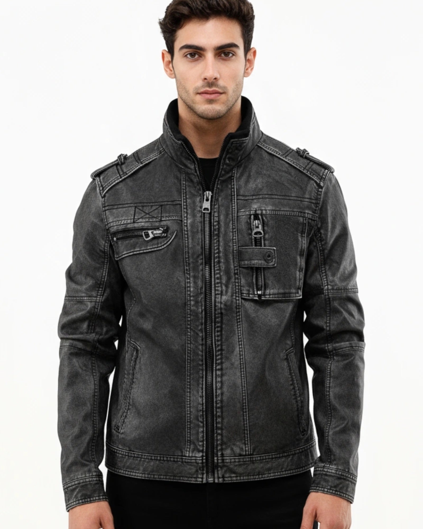 Herren Jacke im Biker-Stil mit Stehkragen und Schulterdetails