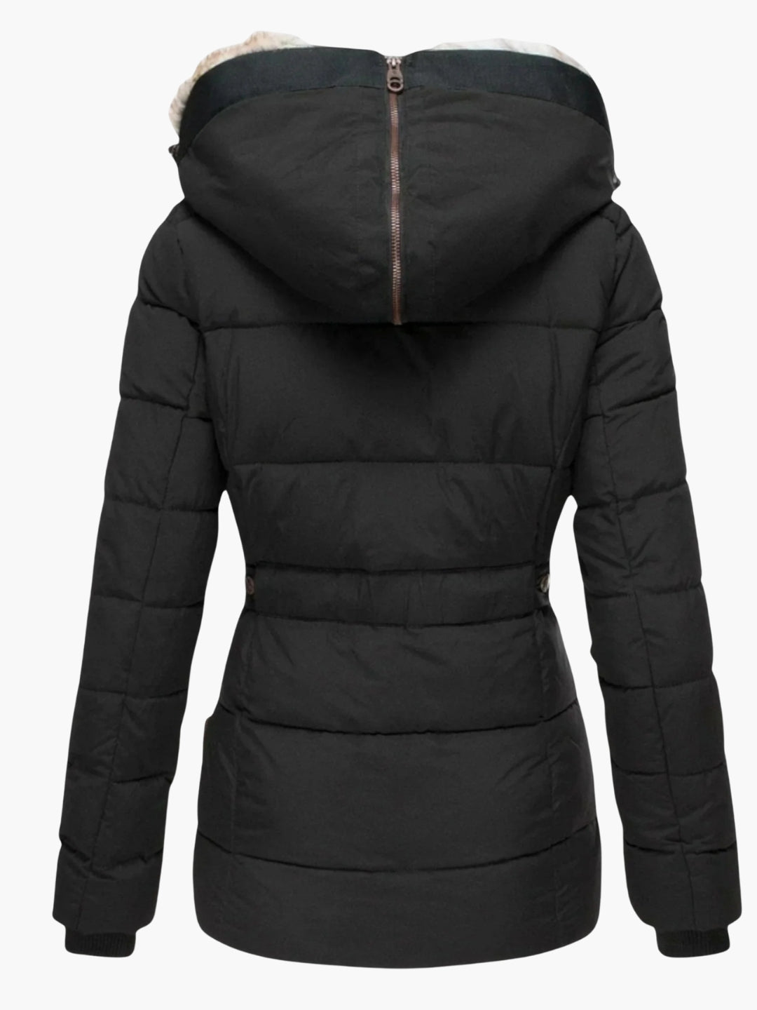 Schwarze Steppjacke mit Kapuze vor weißem Hintergrund – Rückansicht