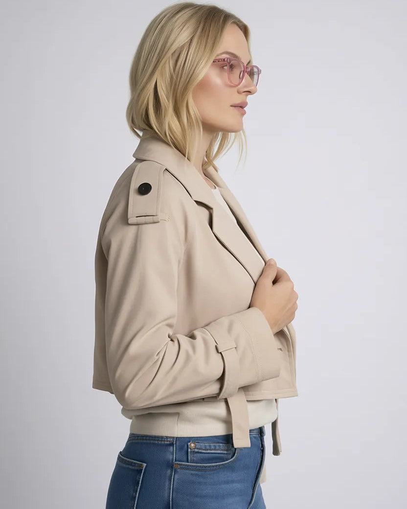 Klassischer kurzer Trenchcoat für Damen mit zweireihigem Design