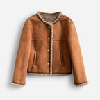 Wildlederjacke für Damen mit Fleecefutter und Rundhalsausschnitt