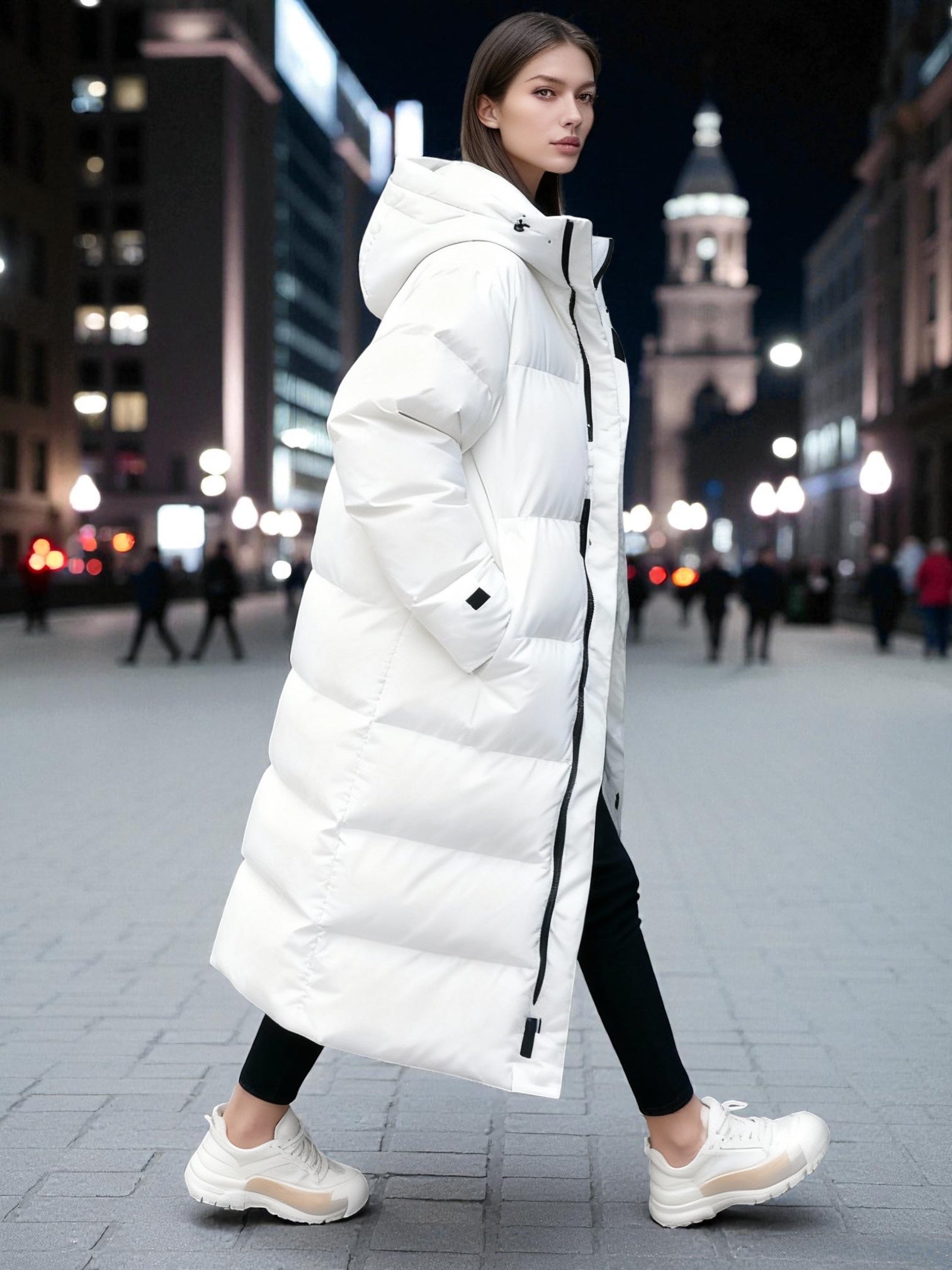 Frau trägt einen langen weißen Puffermantel mit Kapuze in nächtlicher urbaner Umgebung