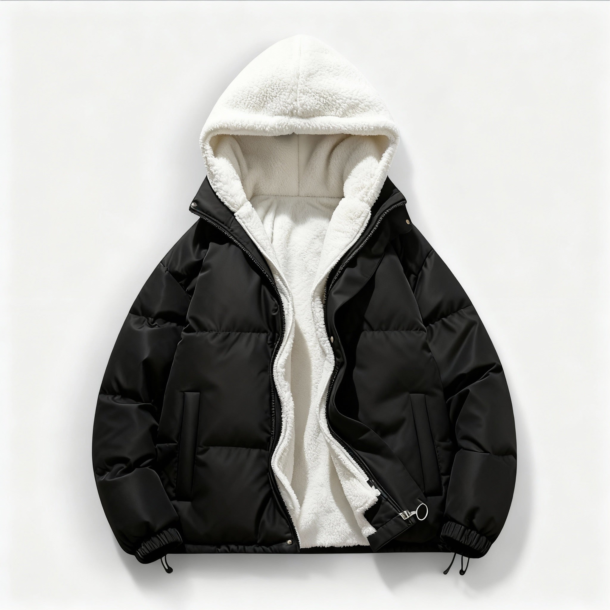 Schwarze Steppjacke mit Kapuze und weißem Fleecefutter vor hellgrauem Hintergrund.