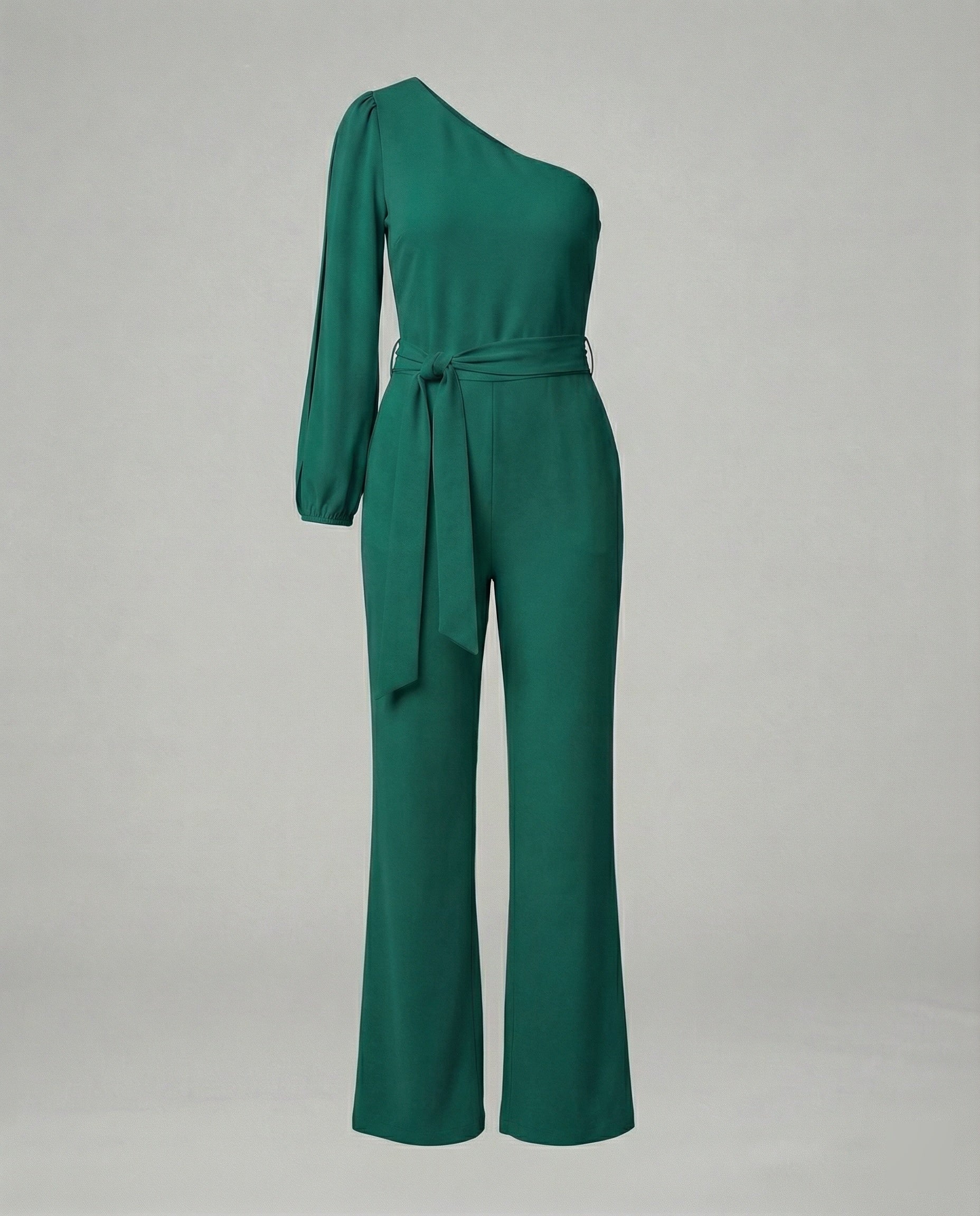 Eleganter Damen Jumpsuit im One Shoulder Schnitt mit Bindegürtel und weitem Bein