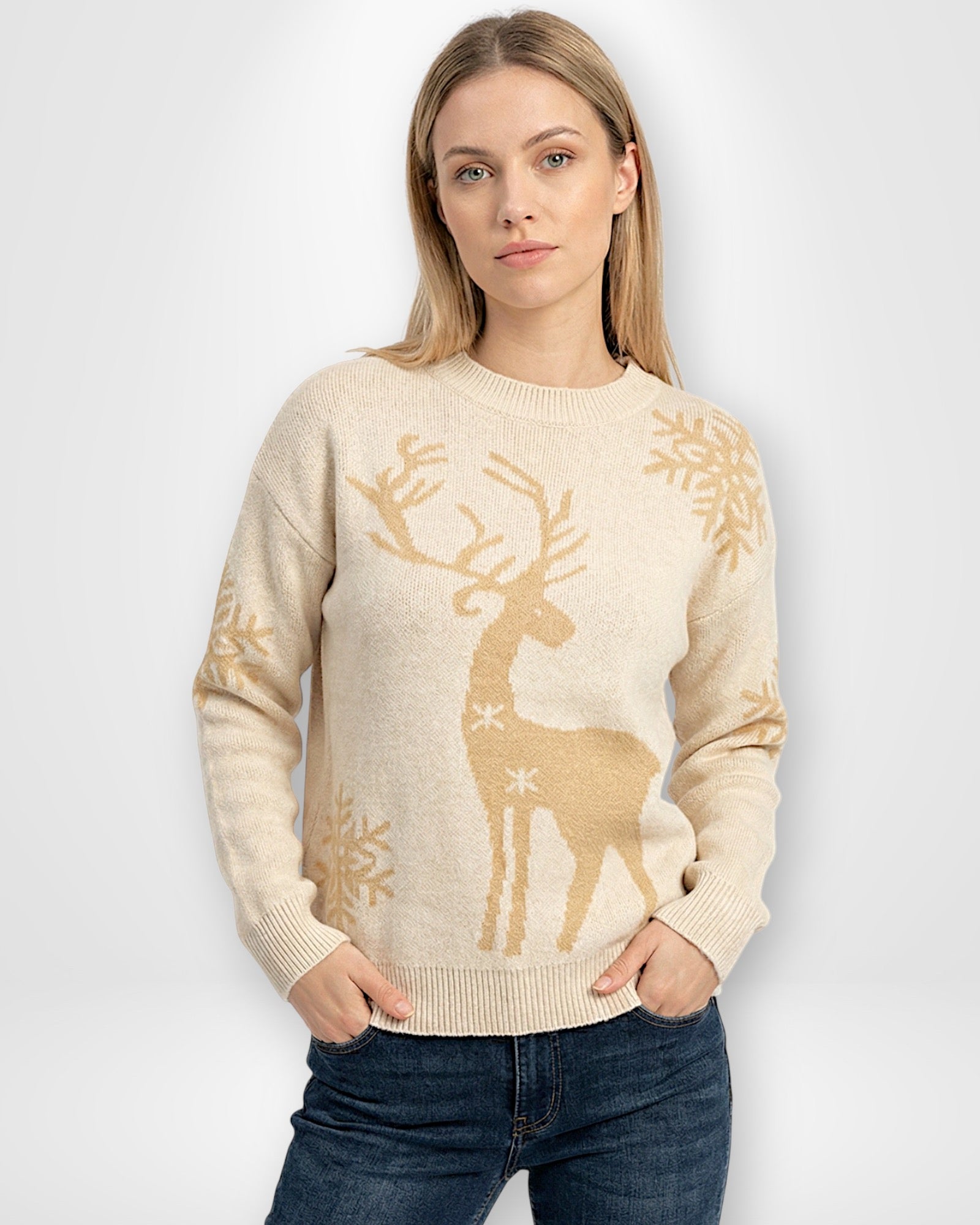 Damen Weihnachts-Pullover mit Rentiermotiv und Rundhalsausschnitt