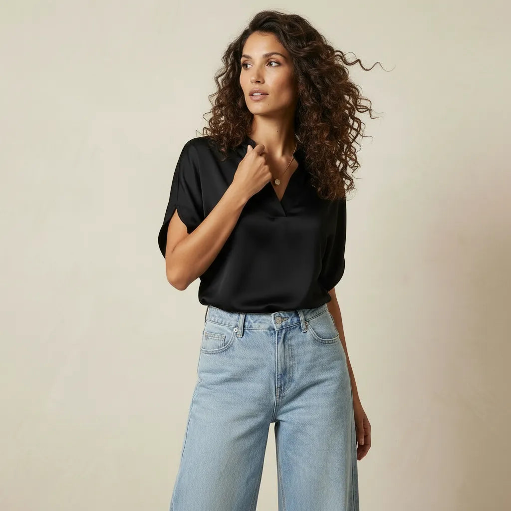 Kurzarm Bluse für Damen mit V-Ausschnitt und geradem Schnitt