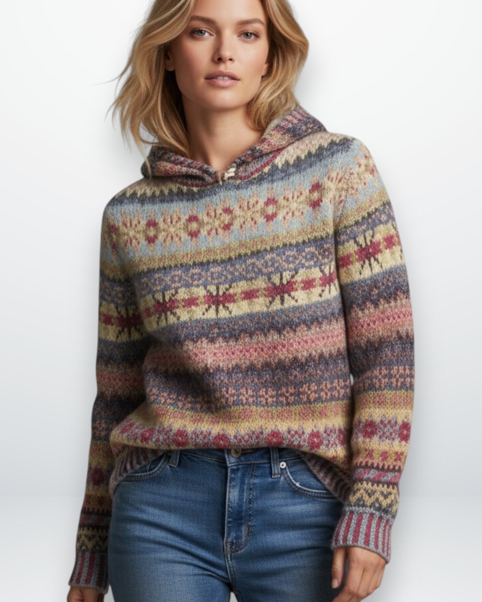 Damenpullover mit Kapuze im Norweger-Muster