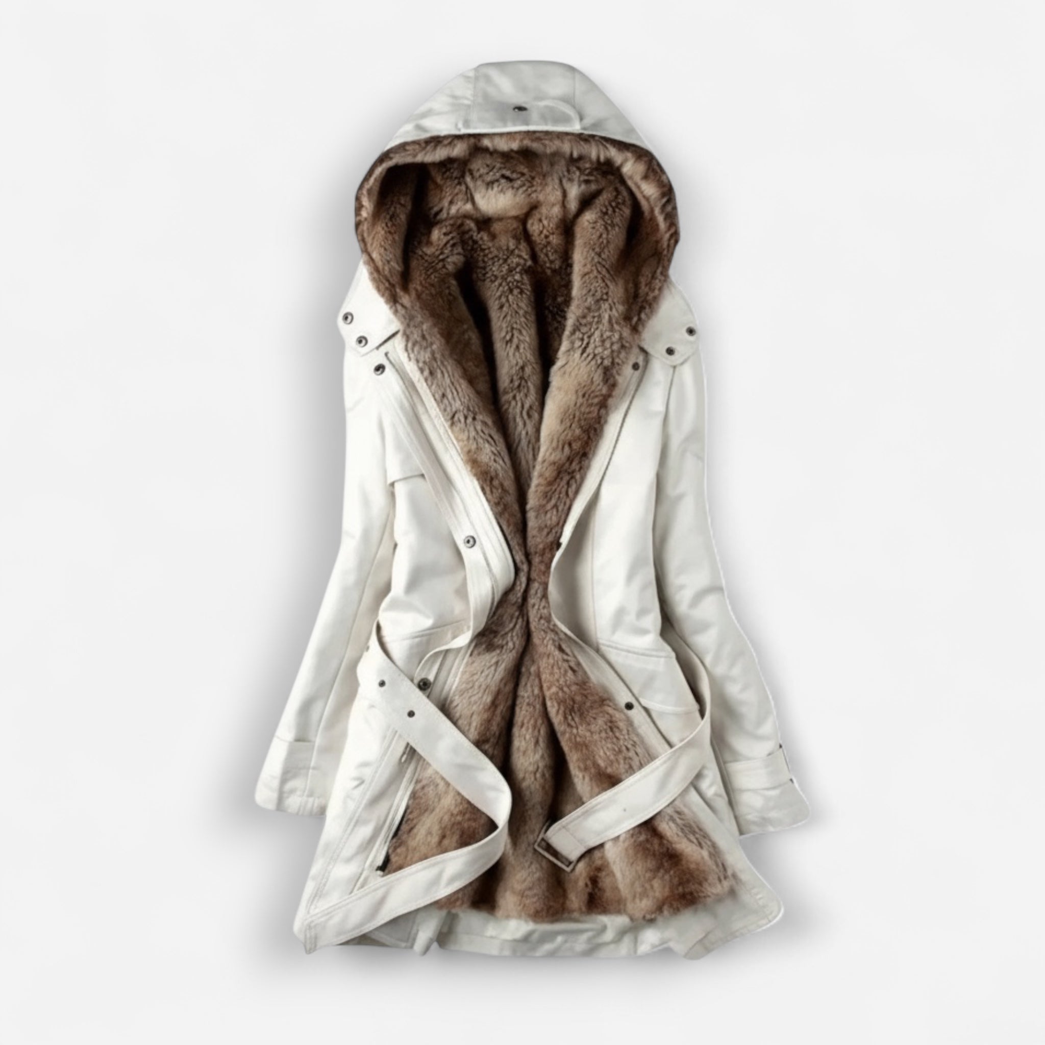 Gefütterte Winterjacke für Damen mit integrierter Kapuze und verstellbarem Bindegürtel