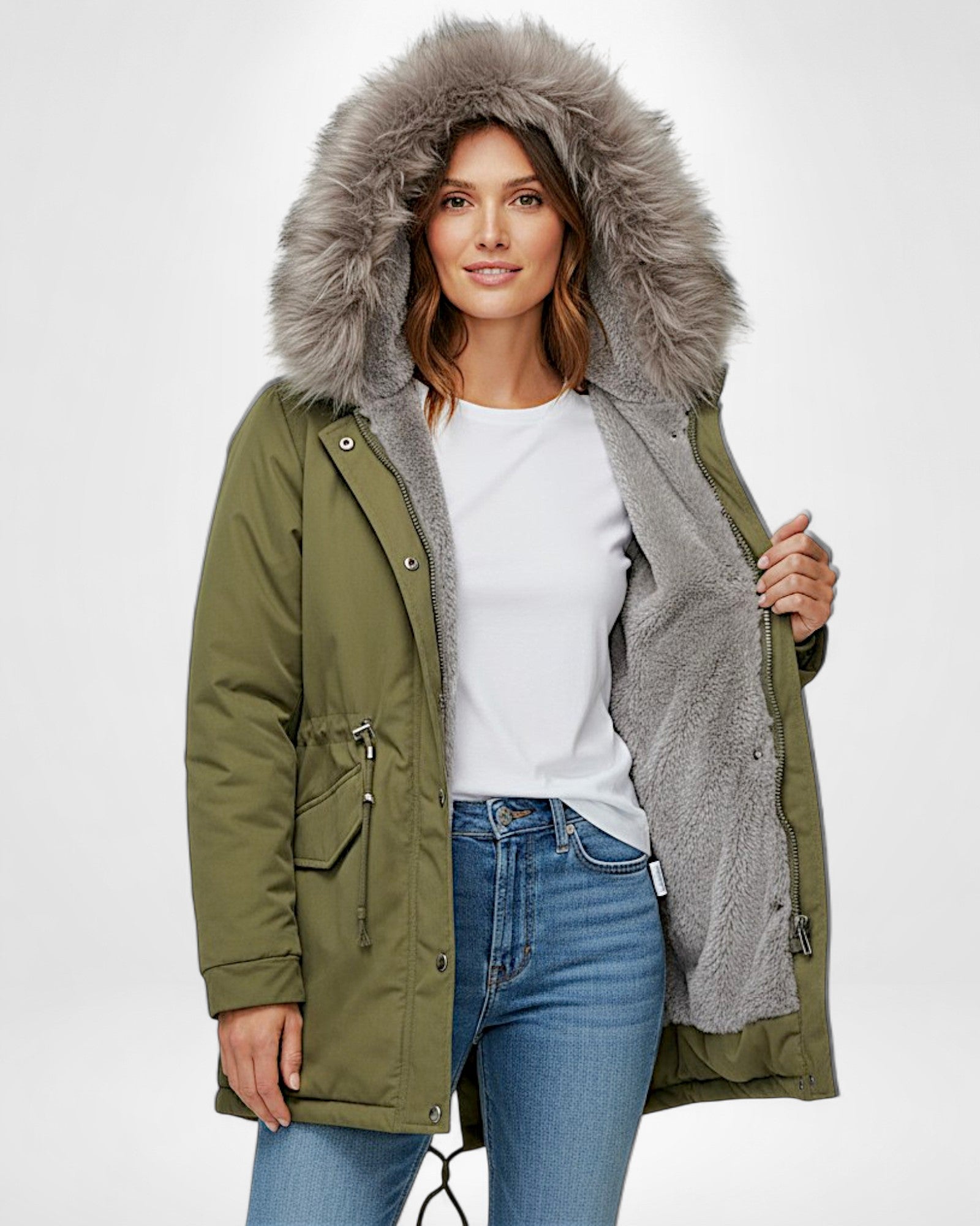 Winter Parka Jacke für Damen mit flauschiger Kapuze und Plüsch Innenfutter