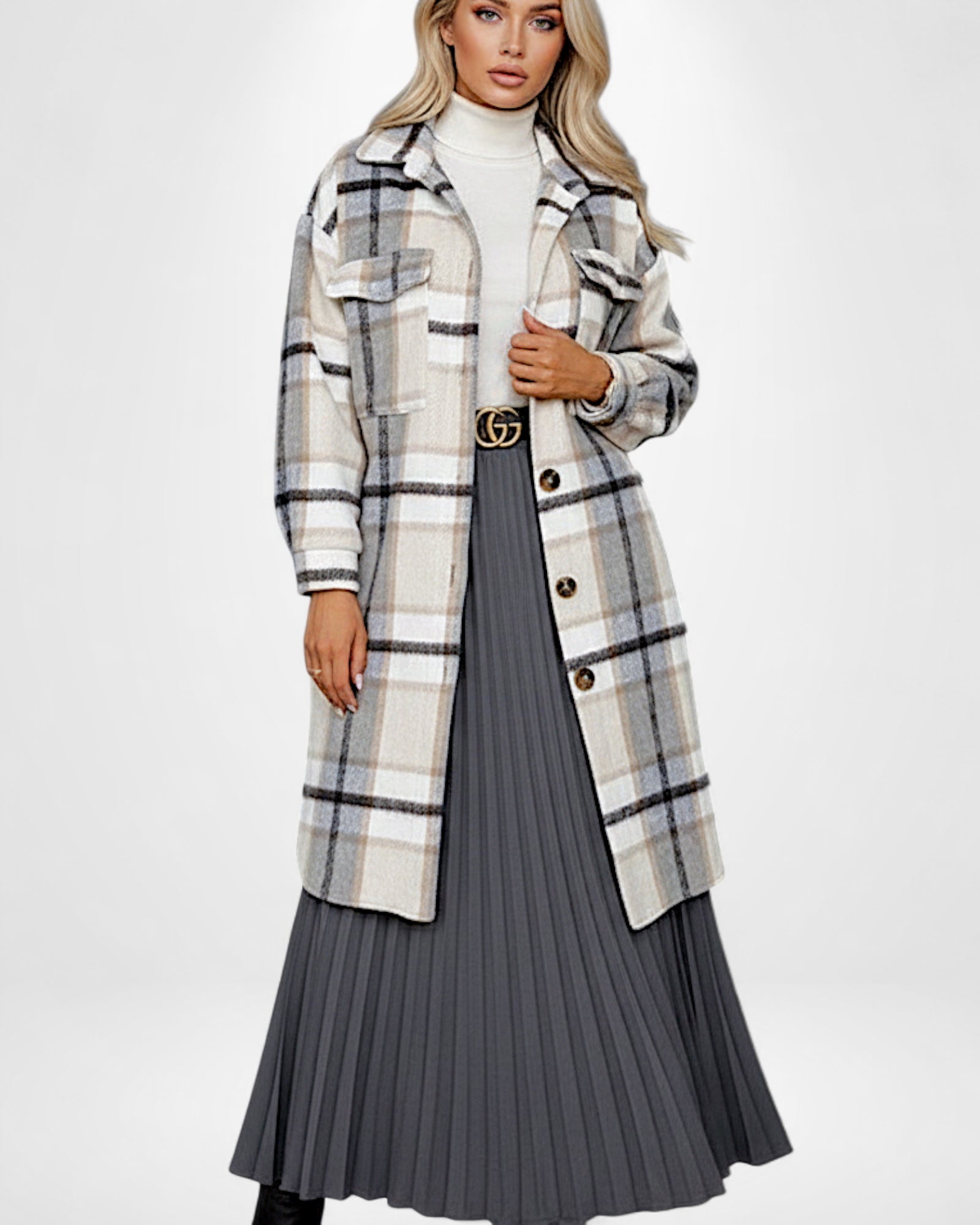 Langer Damen Wintermantel mit Karomuster