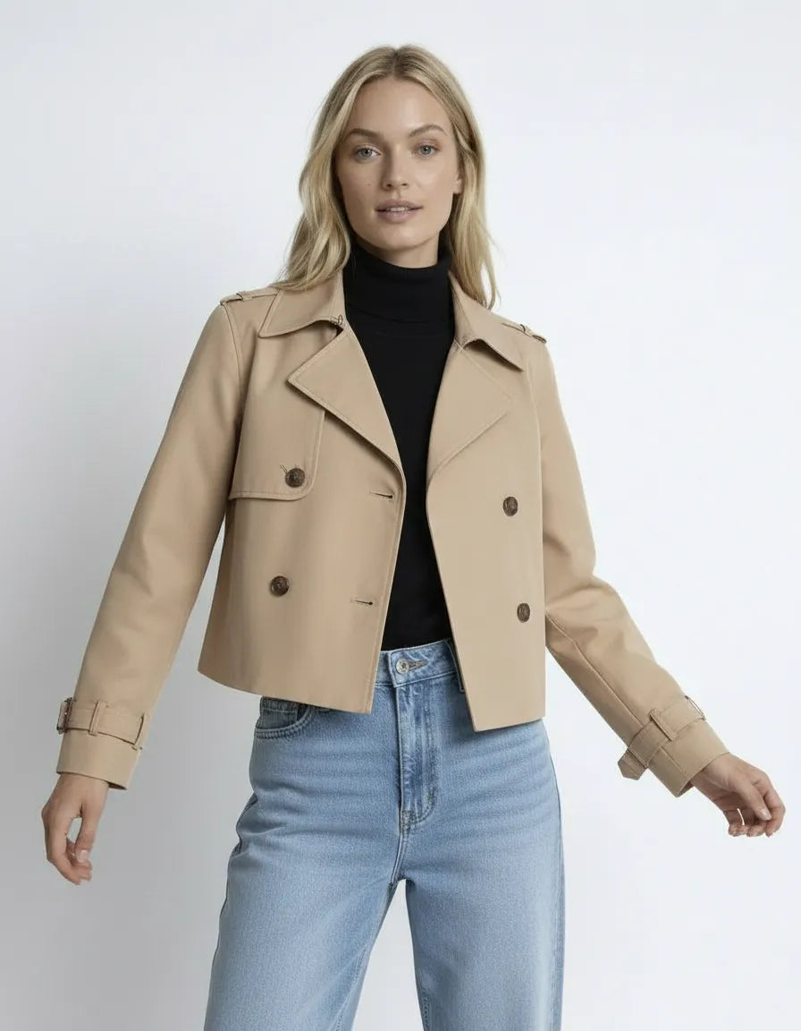 Kurze Trenchjacke für Damen mit doppelter Knopfleiste und Reverskragen