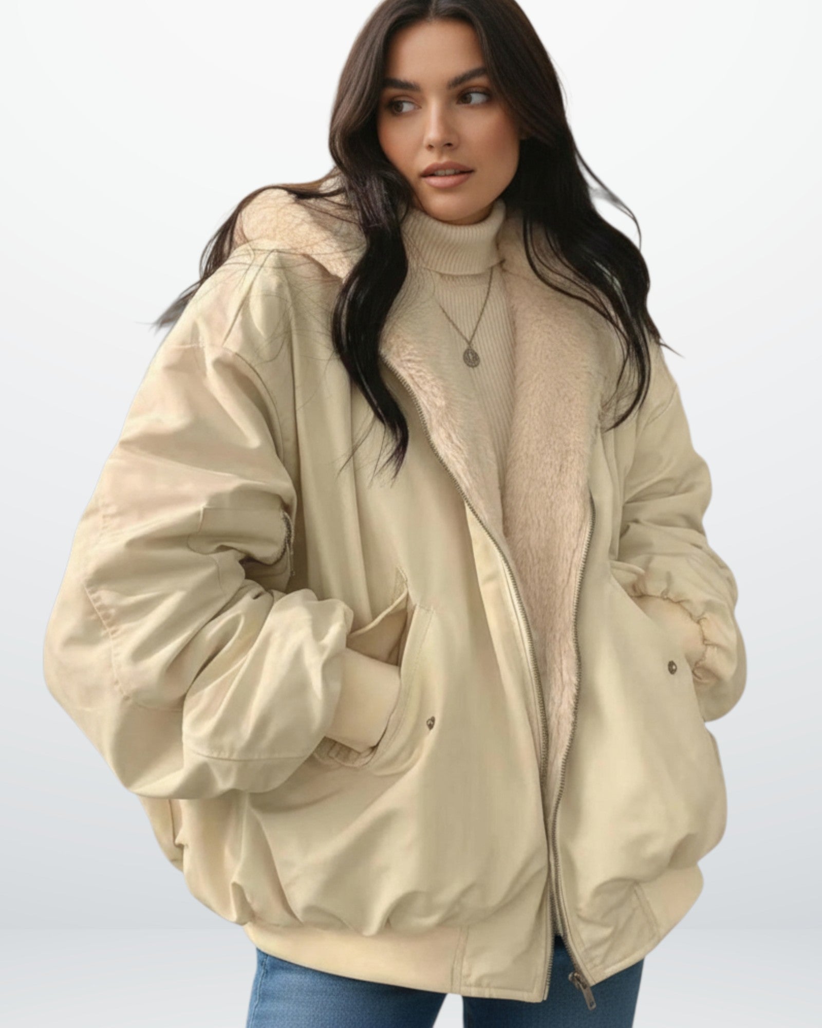 Oversized Winterjacke für Damen mit weicher Kapuze aus Kunstpelz im Bomber-Stil