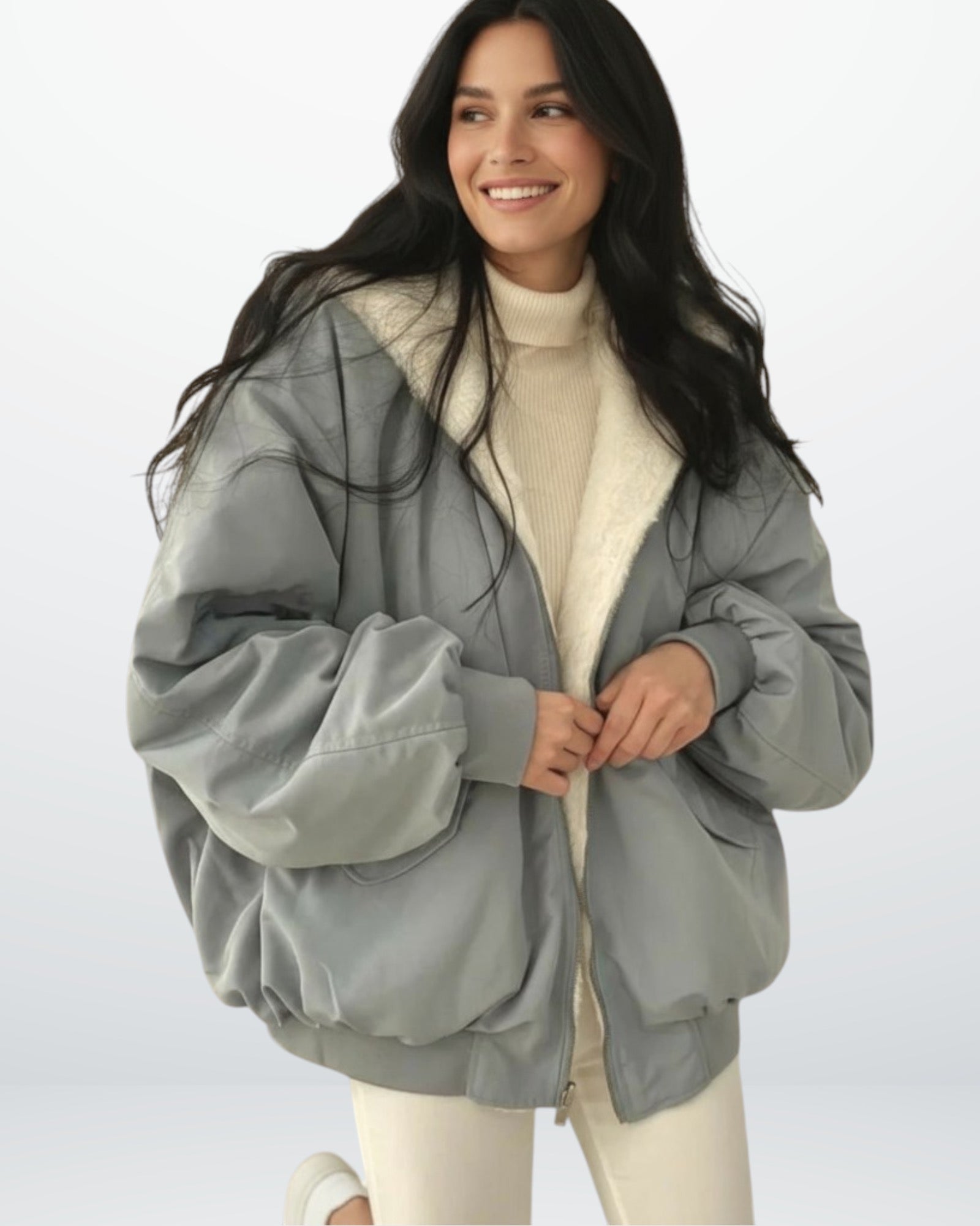 Oversized Winterjacke für Damen mit weicher Kapuze aus Kunstpelz im Bomber-Stil