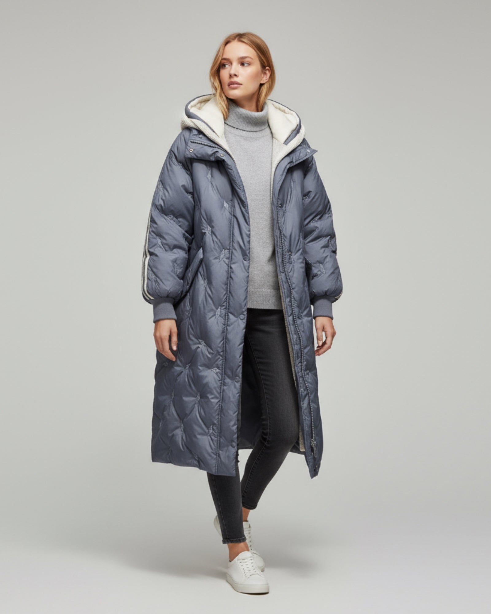 Leichte Lange Steppjacke mit Kapuze für Damen