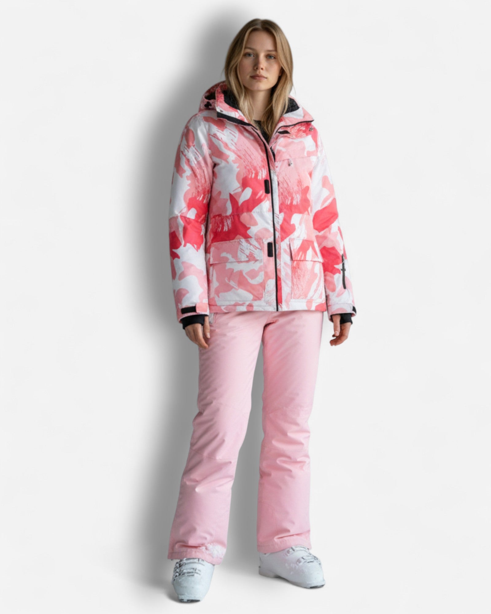 Skianzug für Damen mit rosa Camouflage-Jacke und einfarbiger Hose