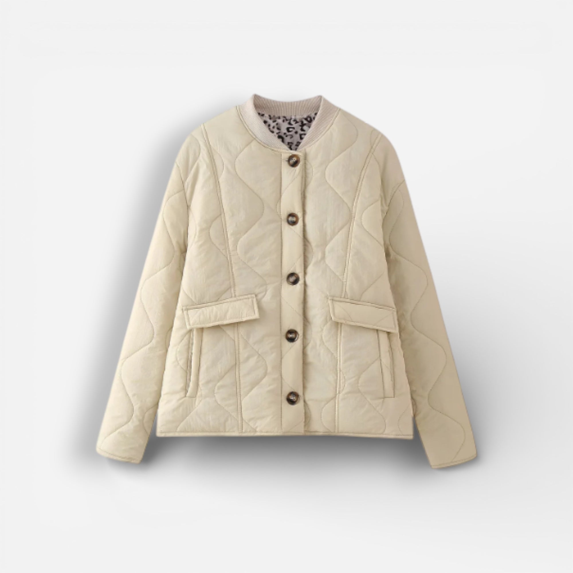 Leichte Steppjacke für Damen mit Leoparden-Details und ohne Kragen