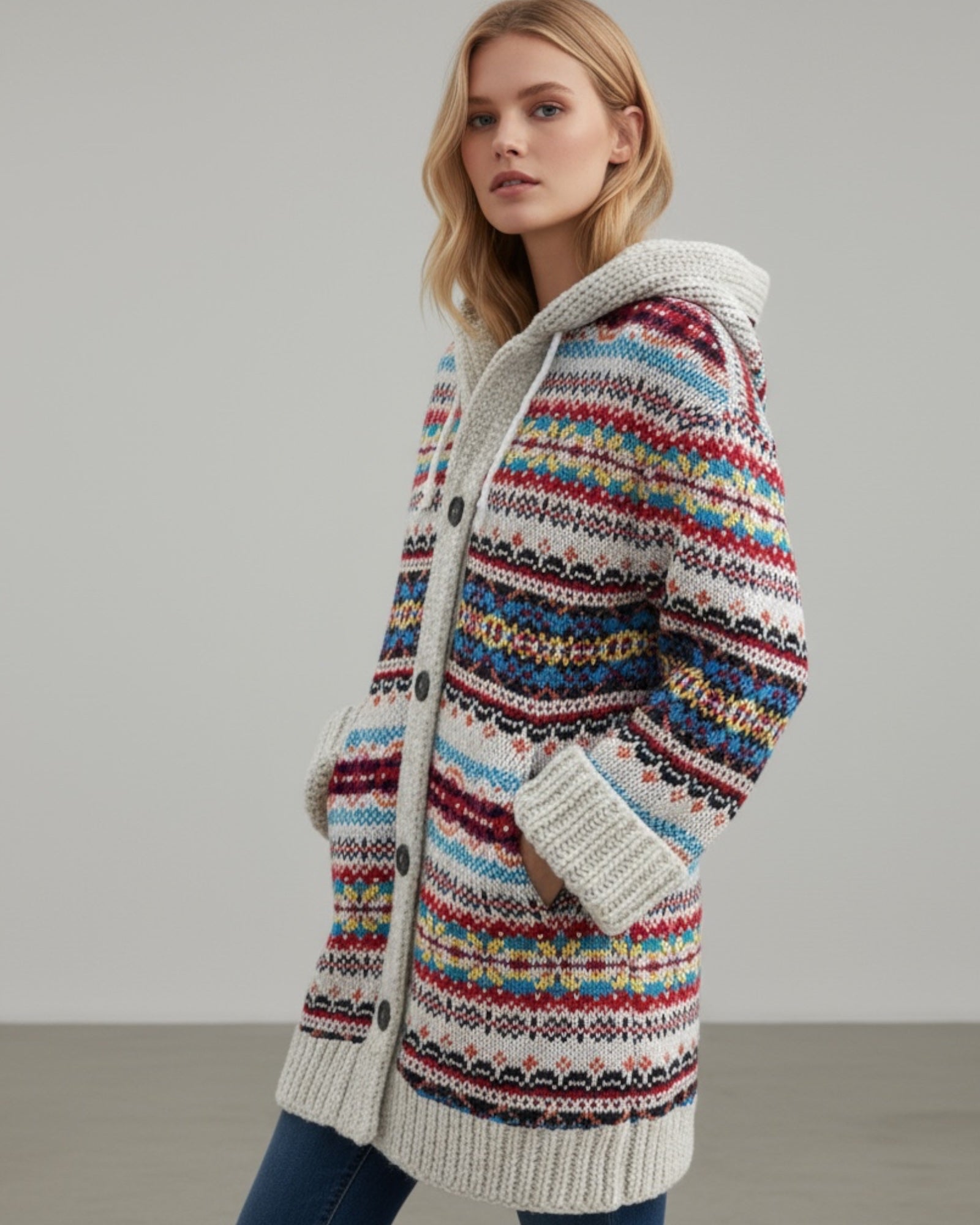 Damen Strickjacke mit Kapuze und Knöpfen - lang